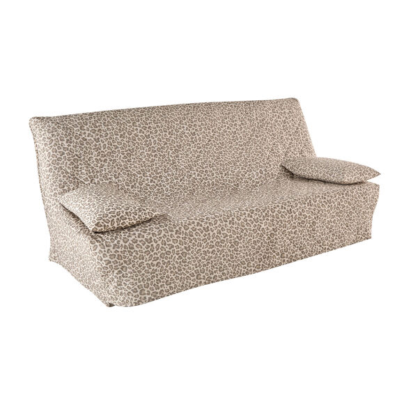 Housse canap&eacute; BZ matelass&eacute;e imprim&eacute; l&eacute;opard (taupe)