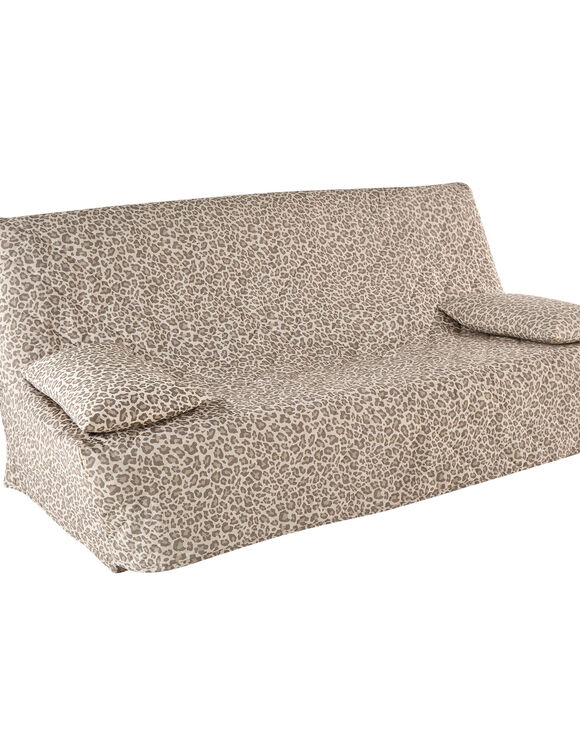 Housse canap&eacute; BZ matelass&eacute;e imprim&eacute; l&eacute;opard (taupe)