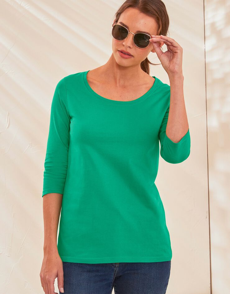 Tee-shirt manches 3/4 col rond uni coton (vert) Tee-shirt manches 3/4 col rond uni coton (vert)