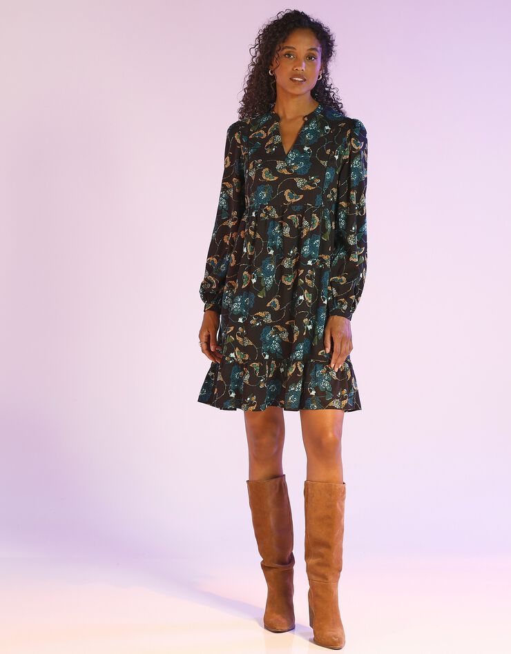 Robe courte imprimée smockée (noir / vert)