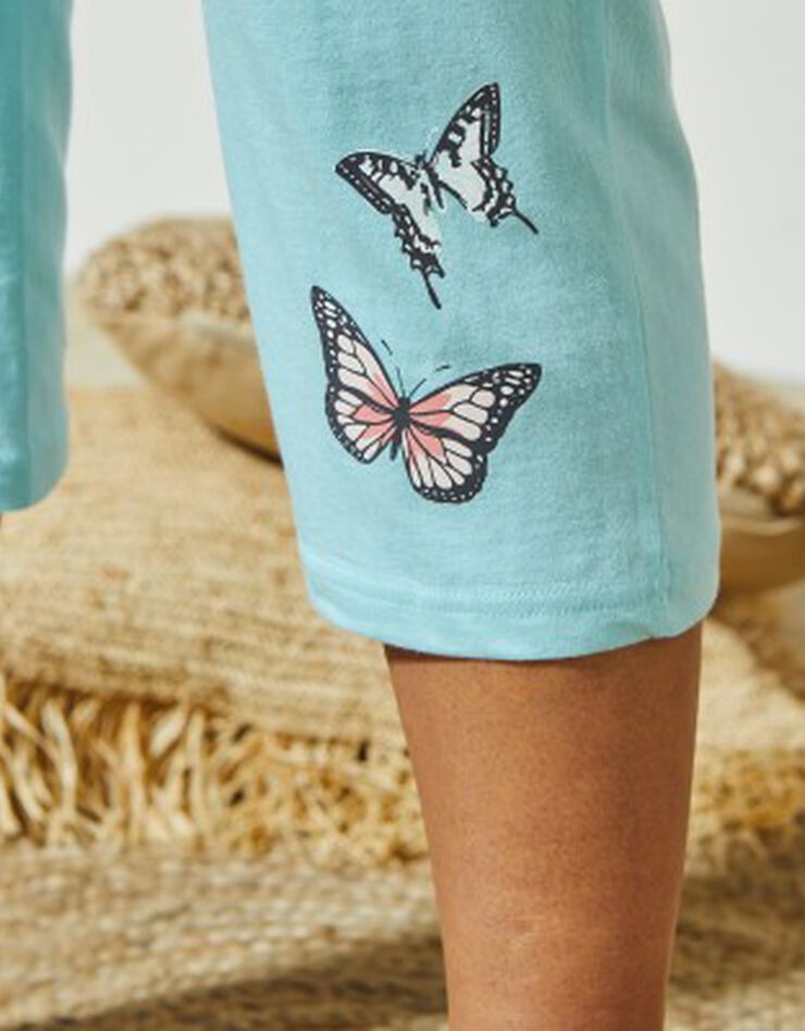 Pantacourt pyjama imprimé placé papillons (turquoise grisé)