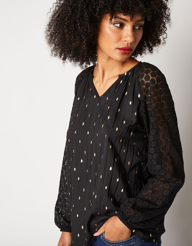 Blouse imprimée manches dentelle (noir / doré) Blouse imprimée manches dentelle (noir / doré)