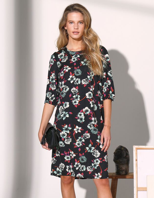 Robe housse imprimée manches coudes, crêpe (noir / vert)