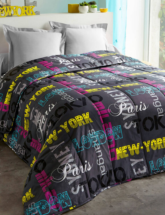 Couette coton imprimée Capitales 200 g/m² (noir)