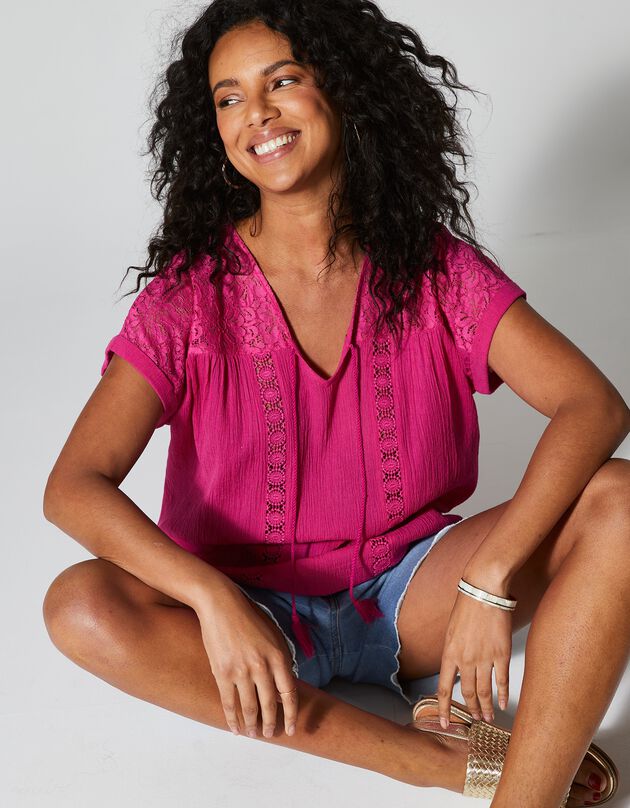 Tunique macramé crépon coton (fuchsia)