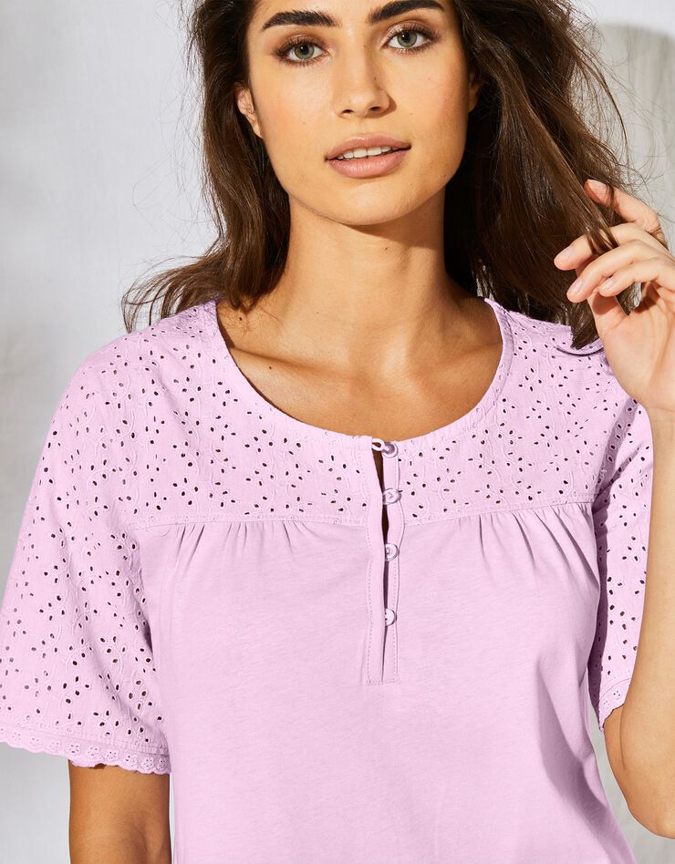 Chemise de nuit courte coton et broderie anglaise  (lilas)