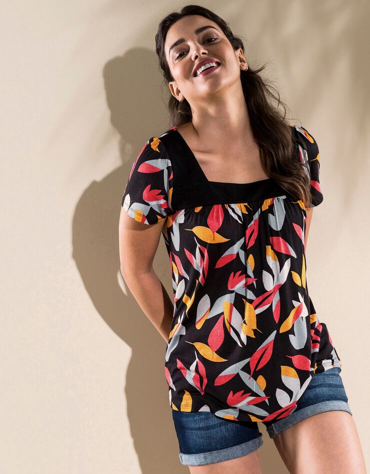 Tee-shirt imprimé col carré (noir / corail) Tee-shirt imprimé col carré (noir / corail)