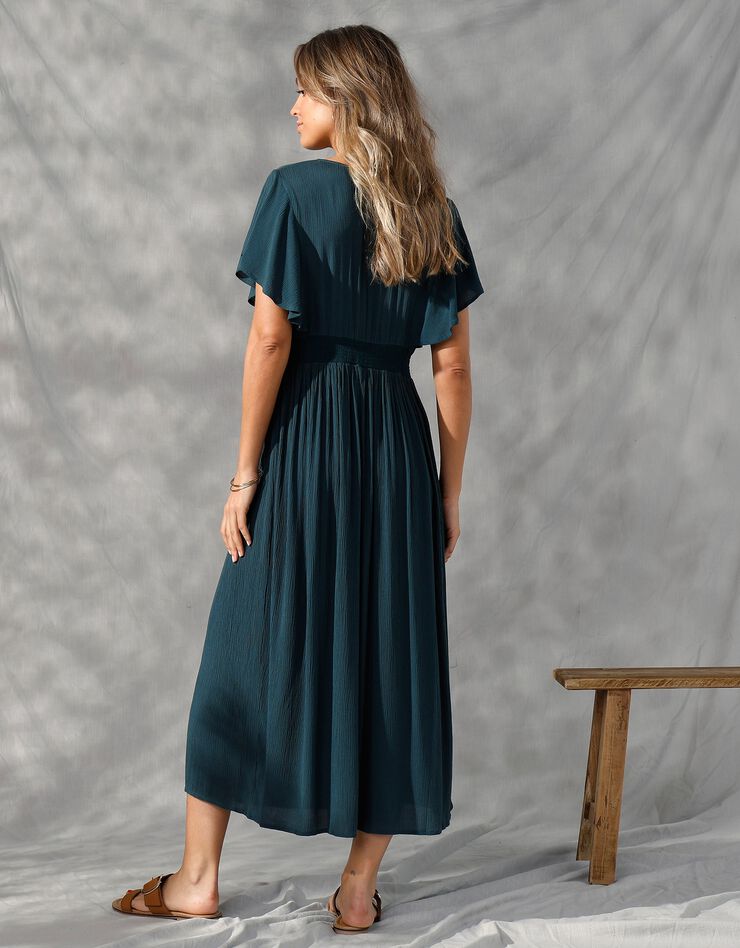 Robe volantée, crépon léger (vert foncé)