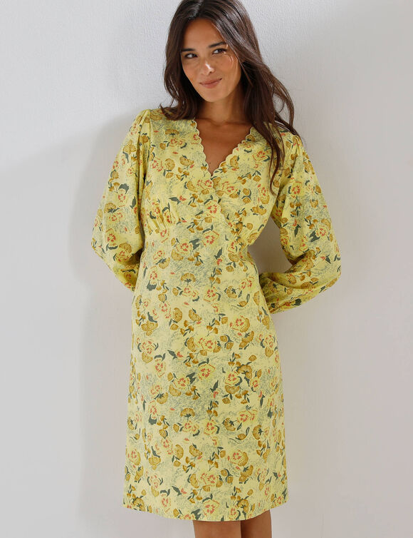 Robe imprim&eacute;e, d&eacute;collet&eacute; cache-c&oelig;ur  (jaune)