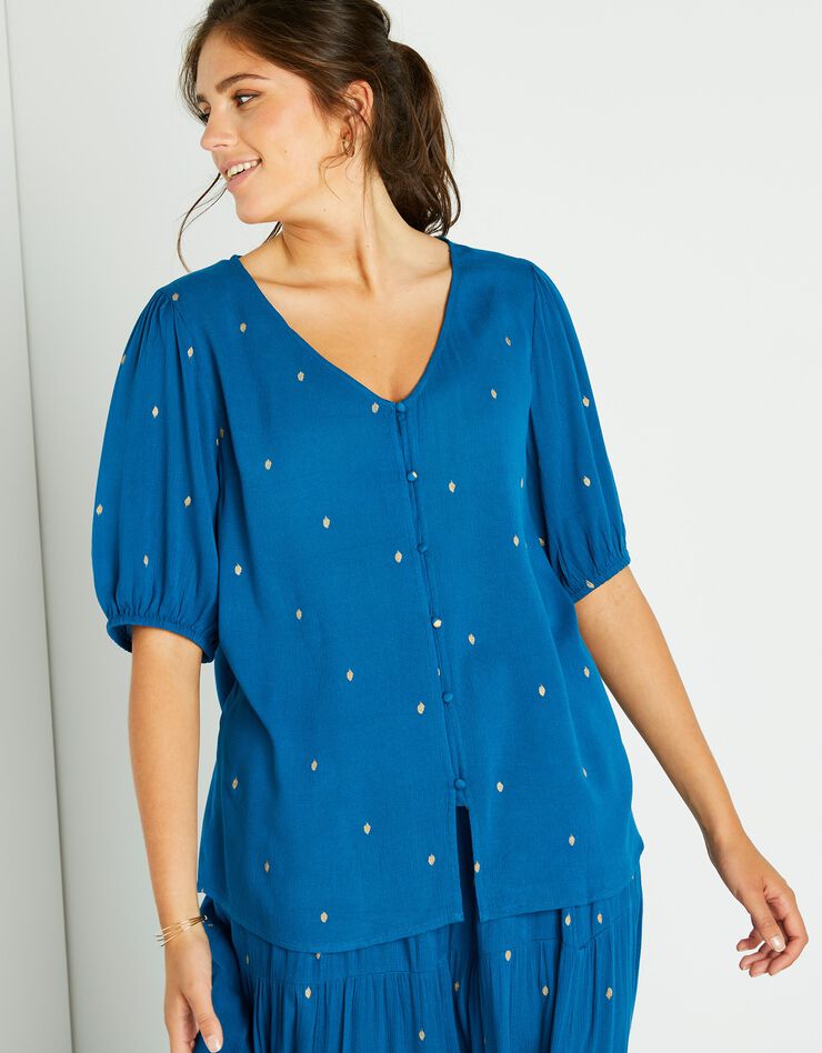 Blouse imprimé doré, crépon (bleu paon / doré) Blouse imprimé doré, crépon (bleu paon / doré)