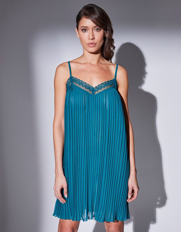 Nuisette col V dentelle et voile plissé (vert)