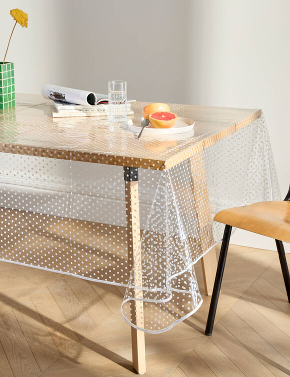 Nappe toile cir&eacute;e translucide imprim&eacute; pois blanc (transparent / blanc)