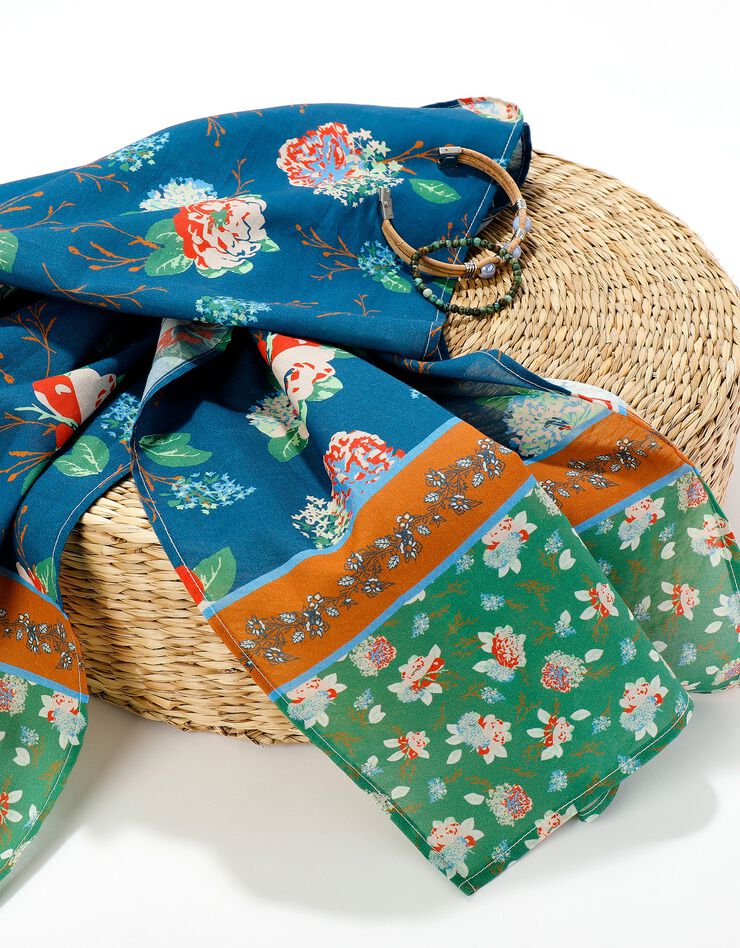 Foulard fabriqué en France imprimé fleurs bleu/vert, 198 x 38 cm - coton (bleu) Foulard fabriqué en France imprimé fleurs bleu/vert, 198 x 38 cm - coton (bleu)