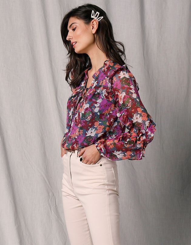 Blouse volantée manches longues voile imprimé (bleu / violine) Blouse volantée manches longues voile imprimé (bleu / violine)
