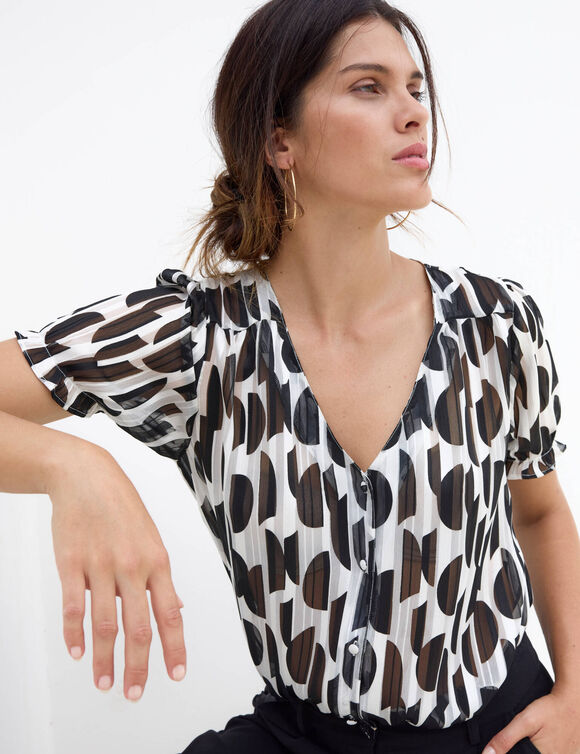 Chemisier manches blousantes imprim&eacute; bicolore, voile jacquard (noir / &eacute;cru)