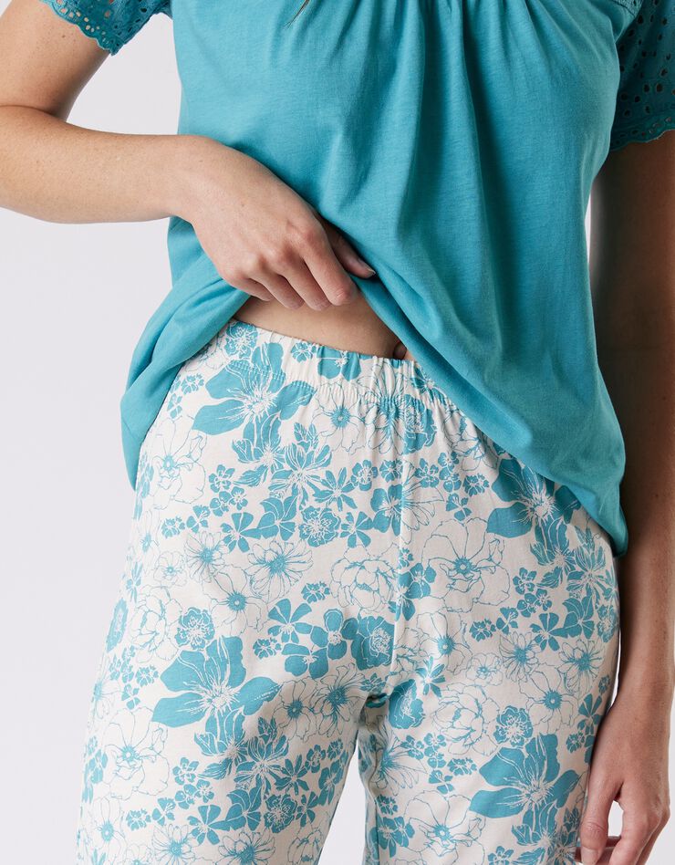 Pyjama imprimé avec broderie anglaise - manches courtes (turquoise)
