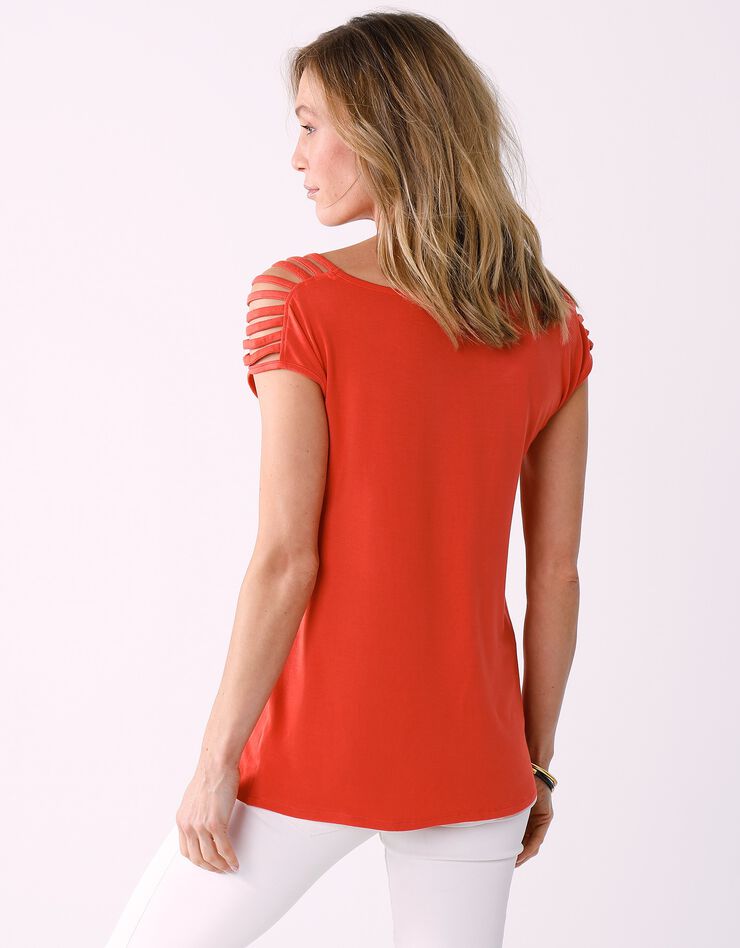 Tee-shirt "boîte" laçage épaules maille unie (corail)