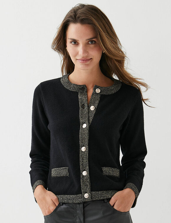 Cardigan boutons dor&eacute;s, d&eacute;tails brillants (noir)