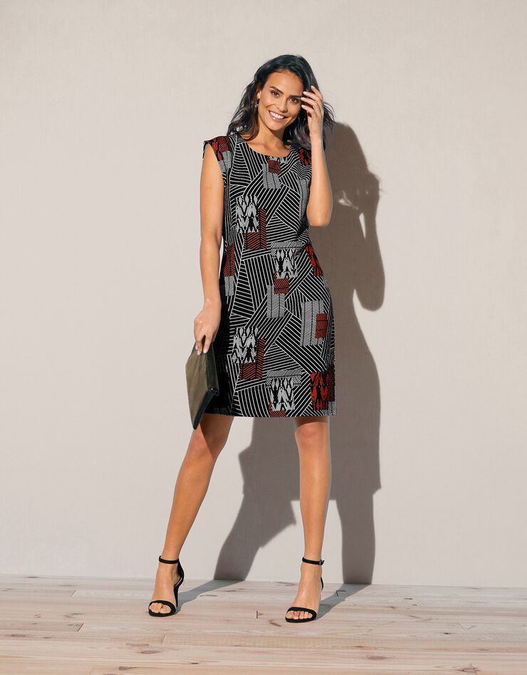 Robe sans manches imprimé graphique, crêpe (noir / blanc / rouge) Robe sans manches imprimé graphique, crêpe (noir / blanc / rouge)