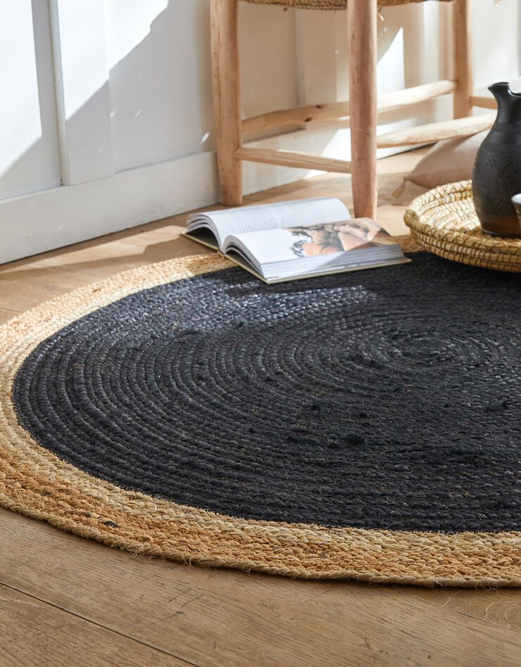 Tapis rond jute bicolore noir et naturel (jute/noir)