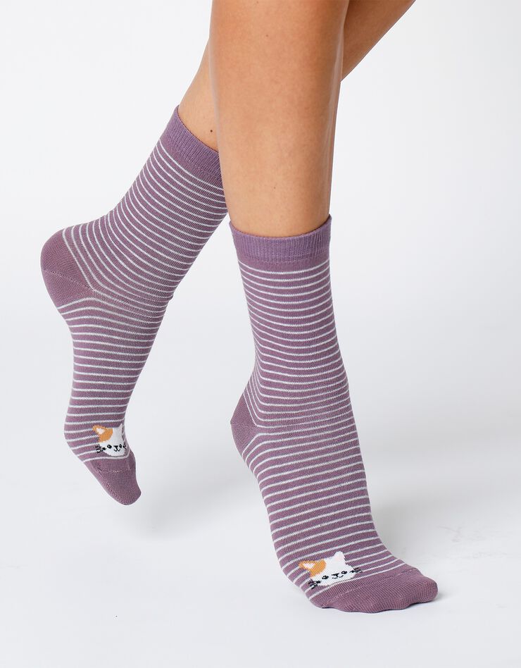 Chaussettes rayées fantaisie à motifs animaux - lot de 3 (gris + bleu + mauve) Chaussettes rayées fantaisie à motifs animaux - lot de 3 (gris + bleu + mauve)