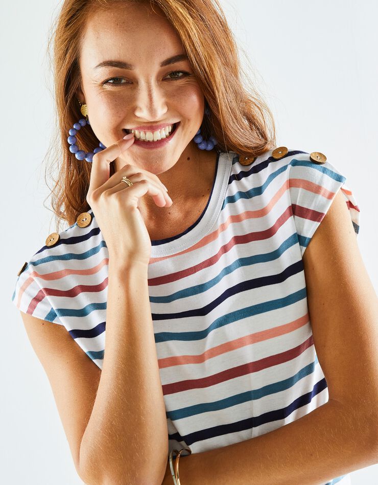 Tee-shirt rayé détail boutonné maille jersey (blanc / multicolore) Tee-shirt rayé détail boutonné maille jersey (blanc / multicolore)