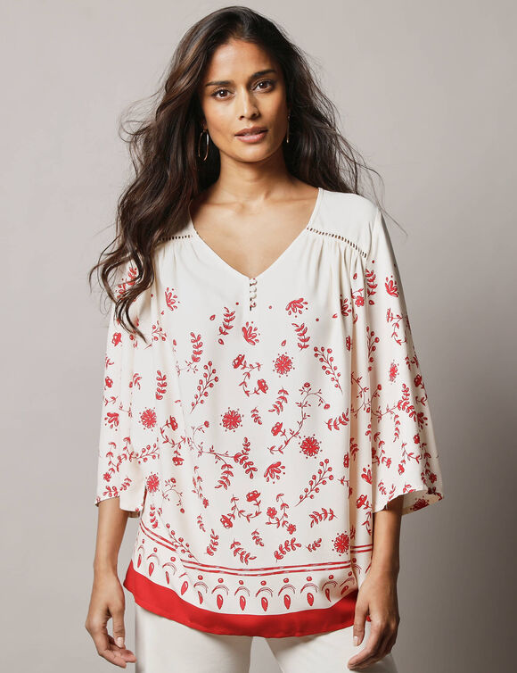 Tunique imprim&eacute;e manches 3/4 (&eacute;cru / rouge)