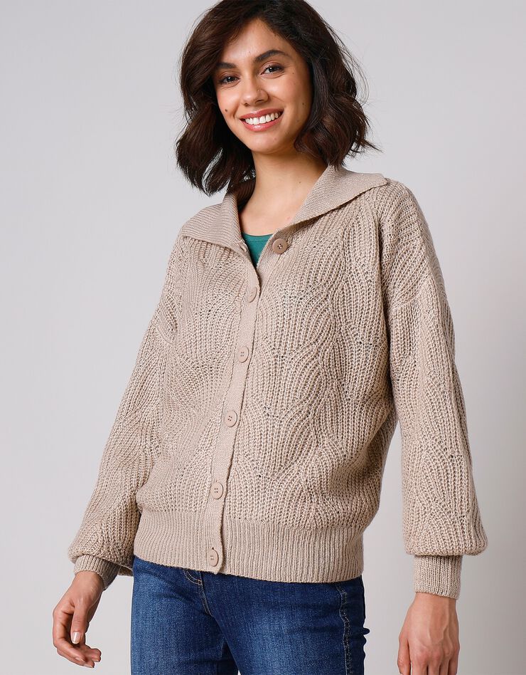 Cardigan maille fantaisie manches blousantes avec col (grège) Cardigan maille fantaisie manches blousantes avec col (grège)