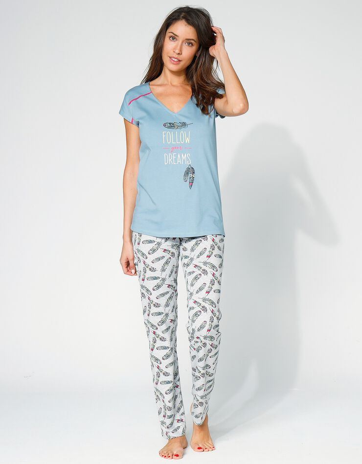 Pyjama coton imprimé "plumes" (bleu grisé / gris)