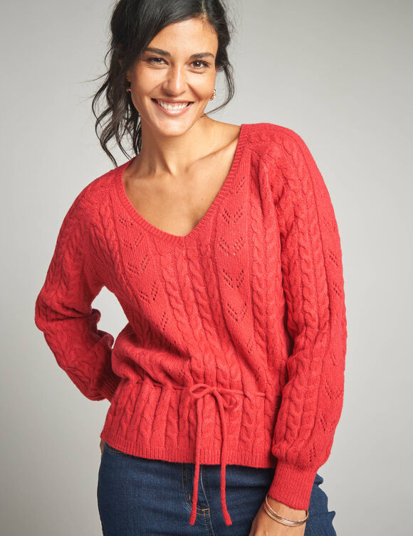 Pull col V maille fantaisie (rouge)
