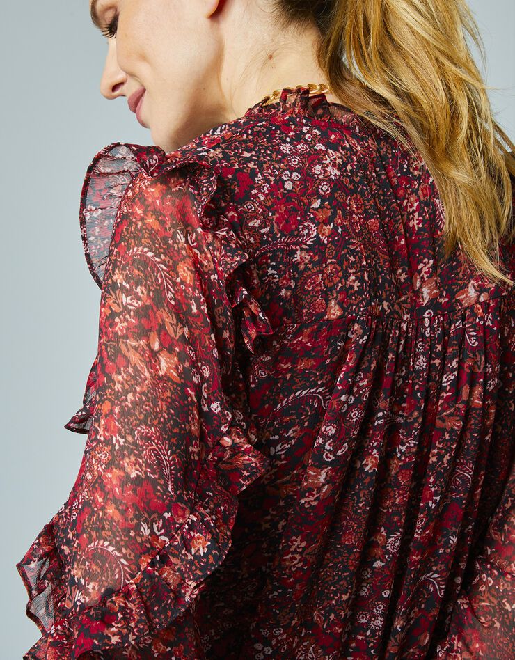 Blouse fleurie automnale en voile volanté (noir / terracotta) Blouse fleurie automnale en voile volanté (noir / terracotta)