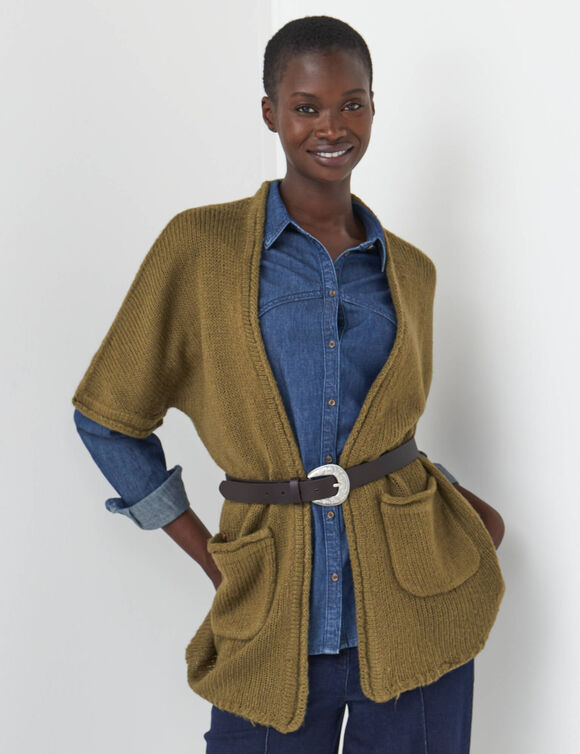 Gilet long ouvert manches courtes toucher doux  (vert olive)