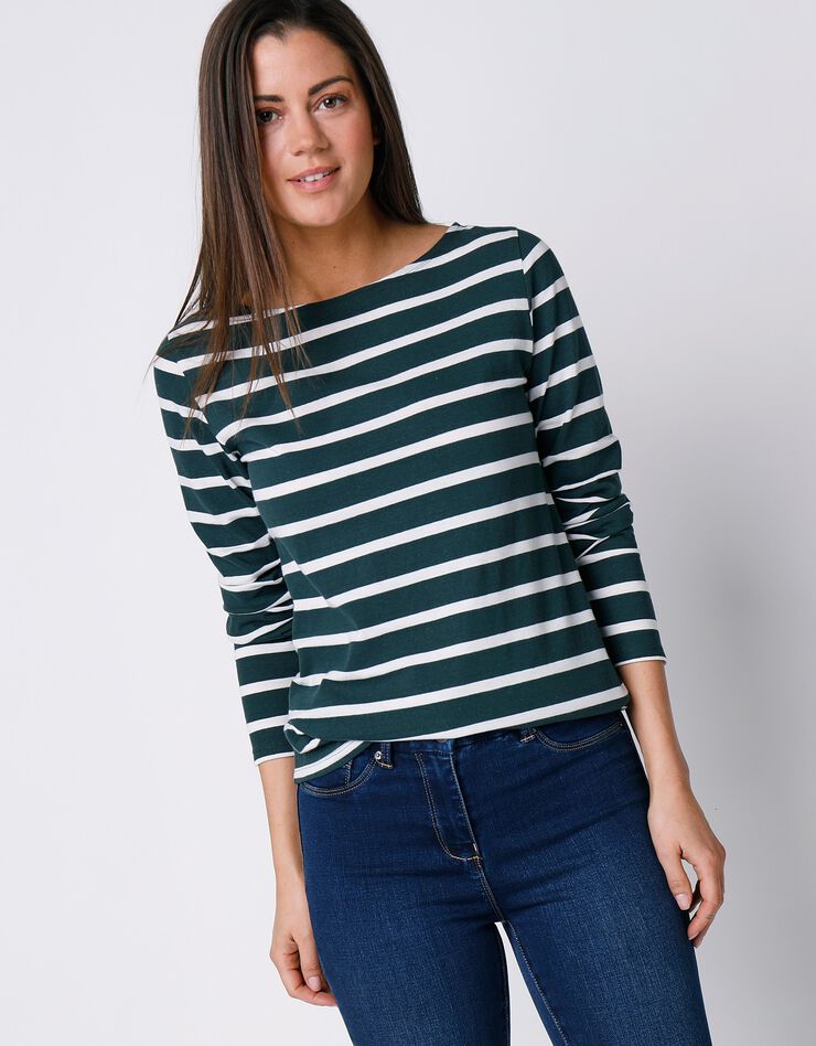 Tee-shirt marinière manches longues en coton bio, éco-responsable (vert / blanc) Tee-shirt marinière manches longues en coton bio, éco-responsable (vert / blanc)