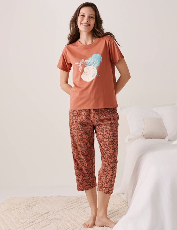 T-shirt de pyjama manches courtes imprim&eacute; "feuillage" (terracotta)