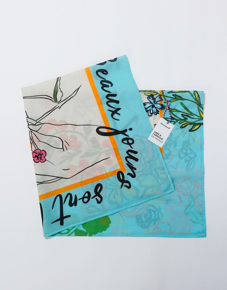 Foulard fabriqué en France imprimé fleurs, 100 x 100 cm  - coton (bleu ciel)
