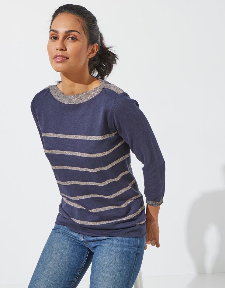 Pull col bateau rayures fils brillants (marine / doré) Pull col bateau rayures fils brillants (marine / doré)