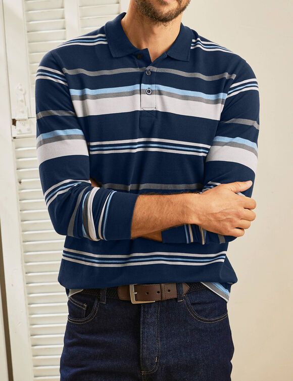 Polo maille piqu&eacute;e ray&eacute;e, manches longues (marine / gris)