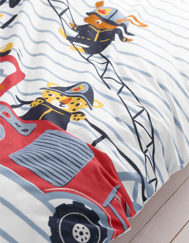 Linge de lit enfant à motifs Pompiers en coton (bleu ciel)