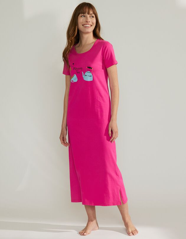 Chemise de nuit longue à manches courtes imprimé théière (fuchsia) Chemise de nuit longue à manches courtes imprimé théière (fuchsia)