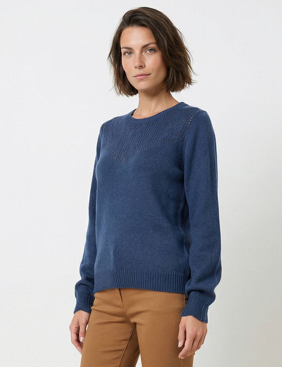 Pull col rond maille ajour&eacute;e, toucher doux (marine)