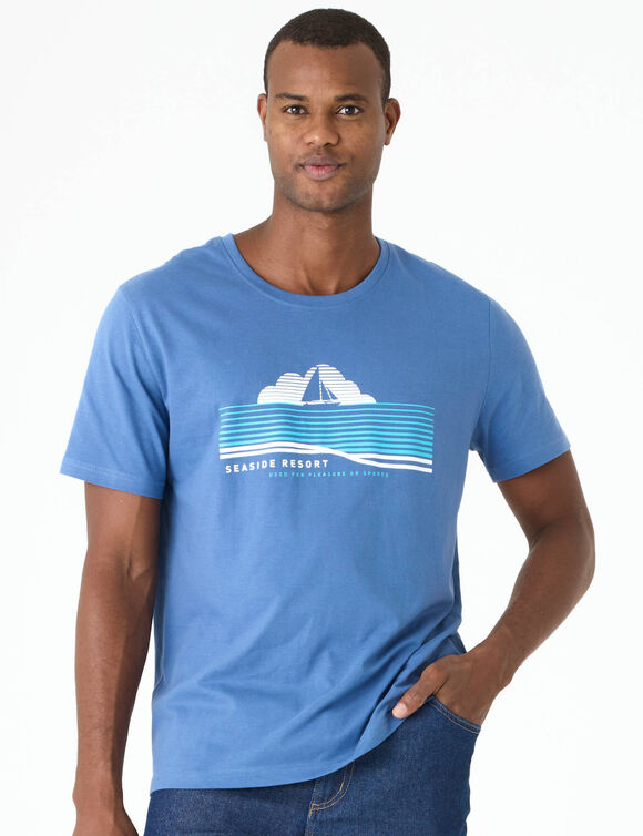 T-shirt col rond motif plac&eacute; manches courtes (bleu)