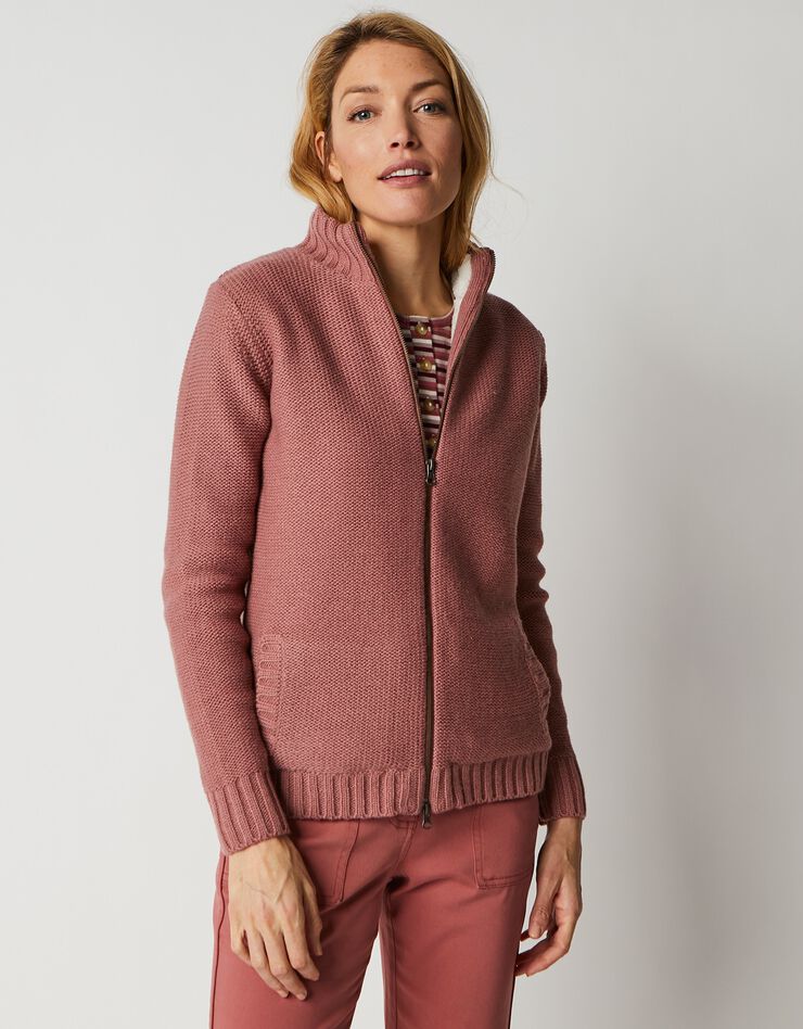 Gilet zippé 30% laine fourré "maille peluche" (bois de rose)