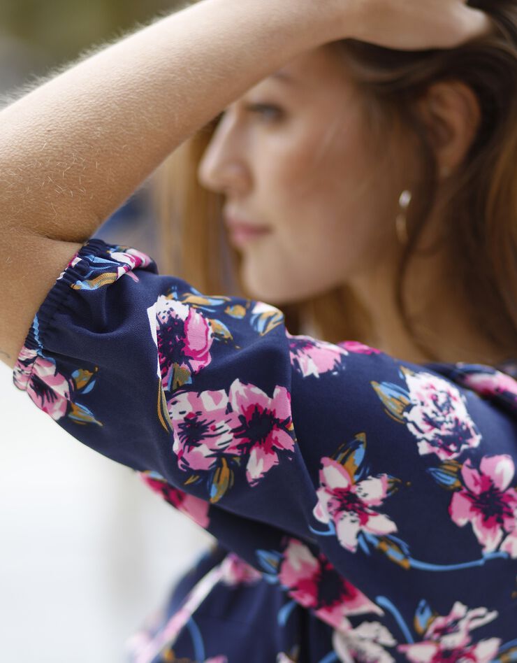 Robe housse imprimé fleurs, crêpe (indigo / fuchsia)