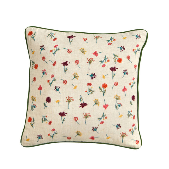 Coussin coton lin broderie fleurie (vert / orange)