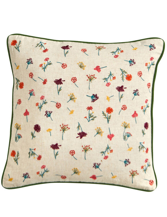 Coussin coton lin broderie fleurie (vert / orange)