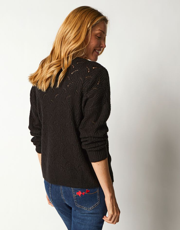 Gilet boutonné maille perlée ajourée (noir)