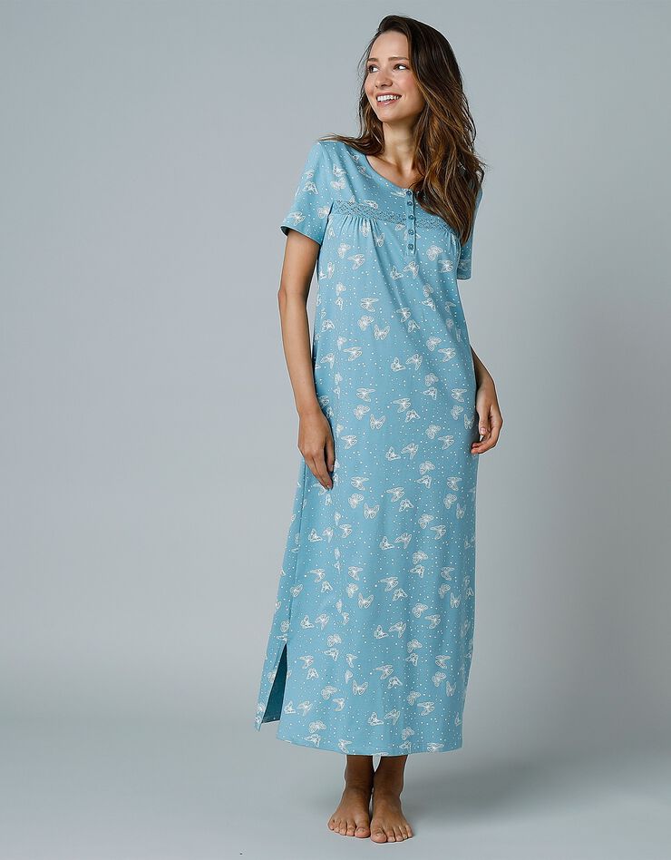 Chemise de nuit longue manches courtes imprimée "papillons" (bleu grisé) Chemise de nuit longue manches courtes imprimée "papillons" (bleu grisé)