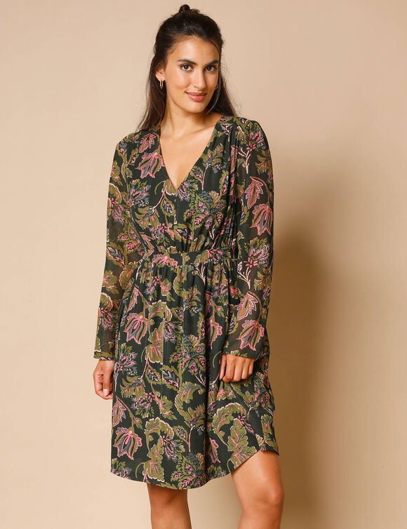 Robe courte col V, voile imprimé (noir / bronze)