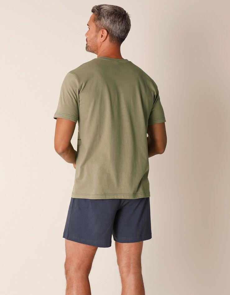 Pyjama short col V coton adouci (tilleul / marine)