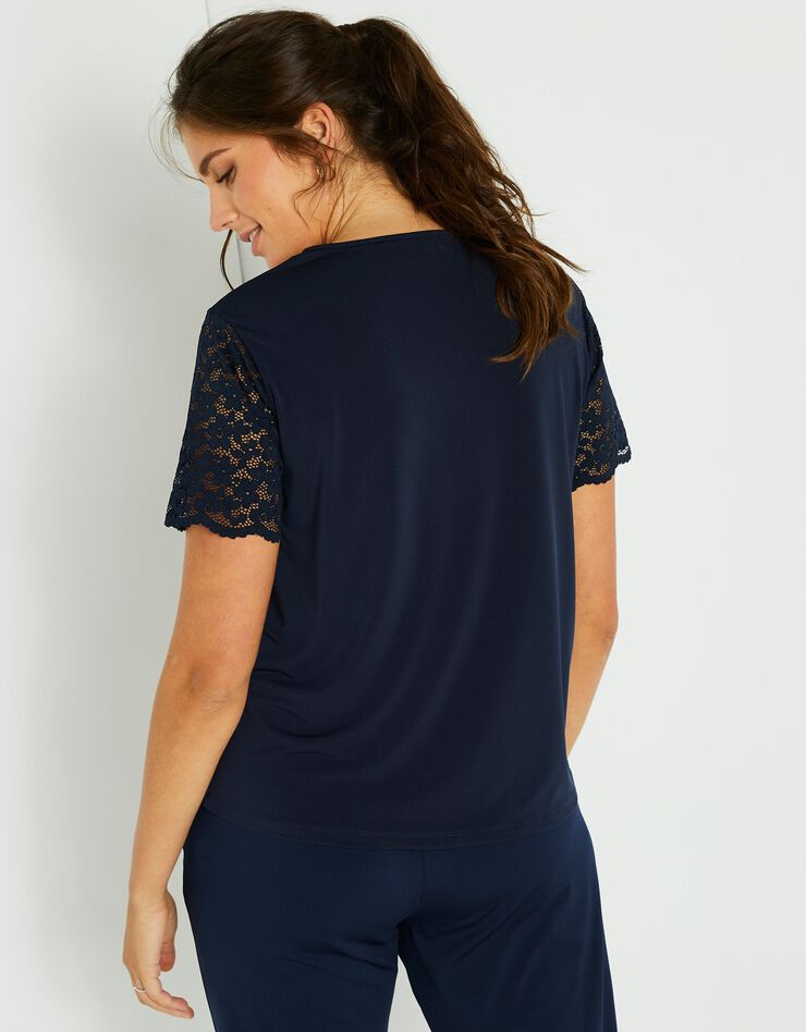 Tee-shirt dentelle col rond manches courtes uni (marine) Tee-shirt dentelle col rond manches courtes uni (marine)